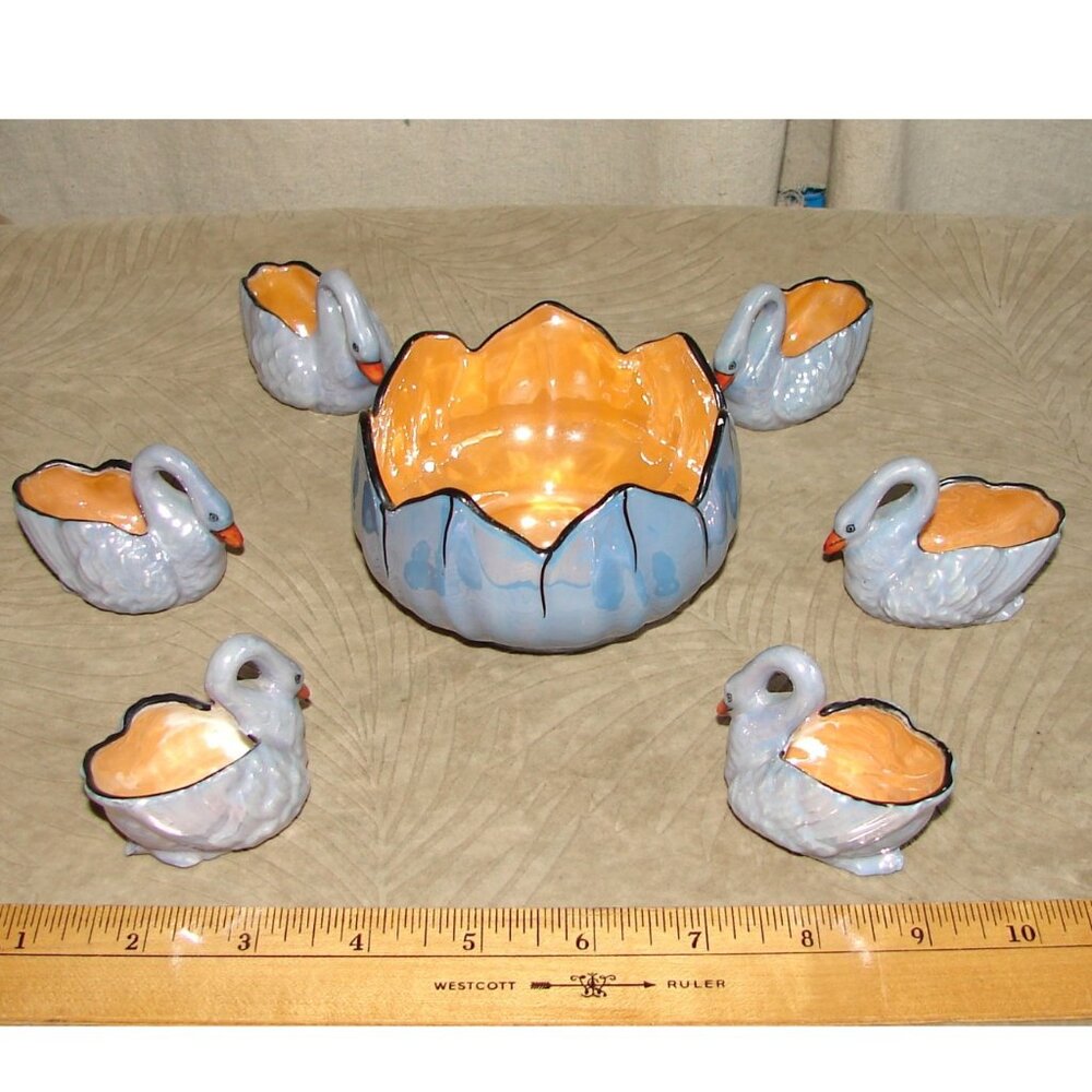 Noritake Morimura Blue Luster Lotus Bowl Master Salt + 6 Swan Cellars ca. 1920s